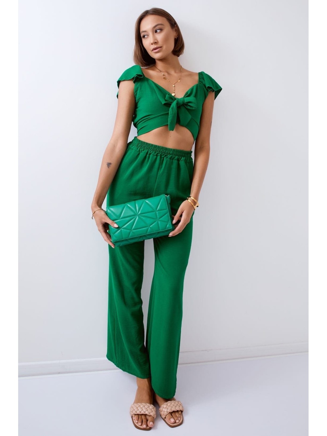 Dark green crop top set with wide pants 8108 - Online store - Boutique